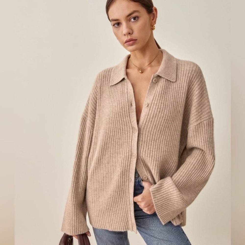 Reformation Fantino Cashmere Collared Cardigan in Oatmeal Beige - size S - Picture 1 of 9